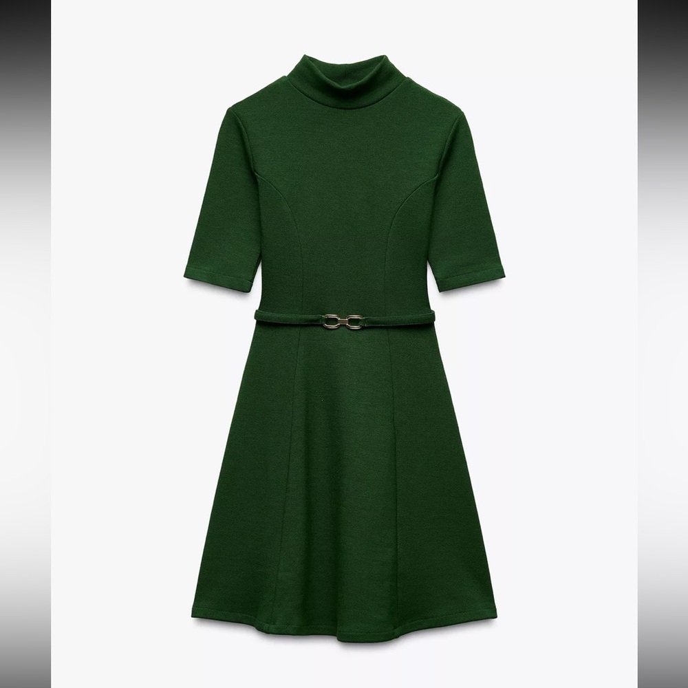 Green Turtleneck Fit-and-Flare Dress